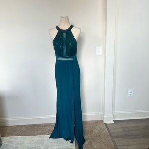 Teal Halter Evening Gown with Sequin Bodice
